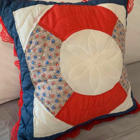Handmade Vintage Blue & Red Quilted Accent Pillow with Lace Border - Picture 1 of 9